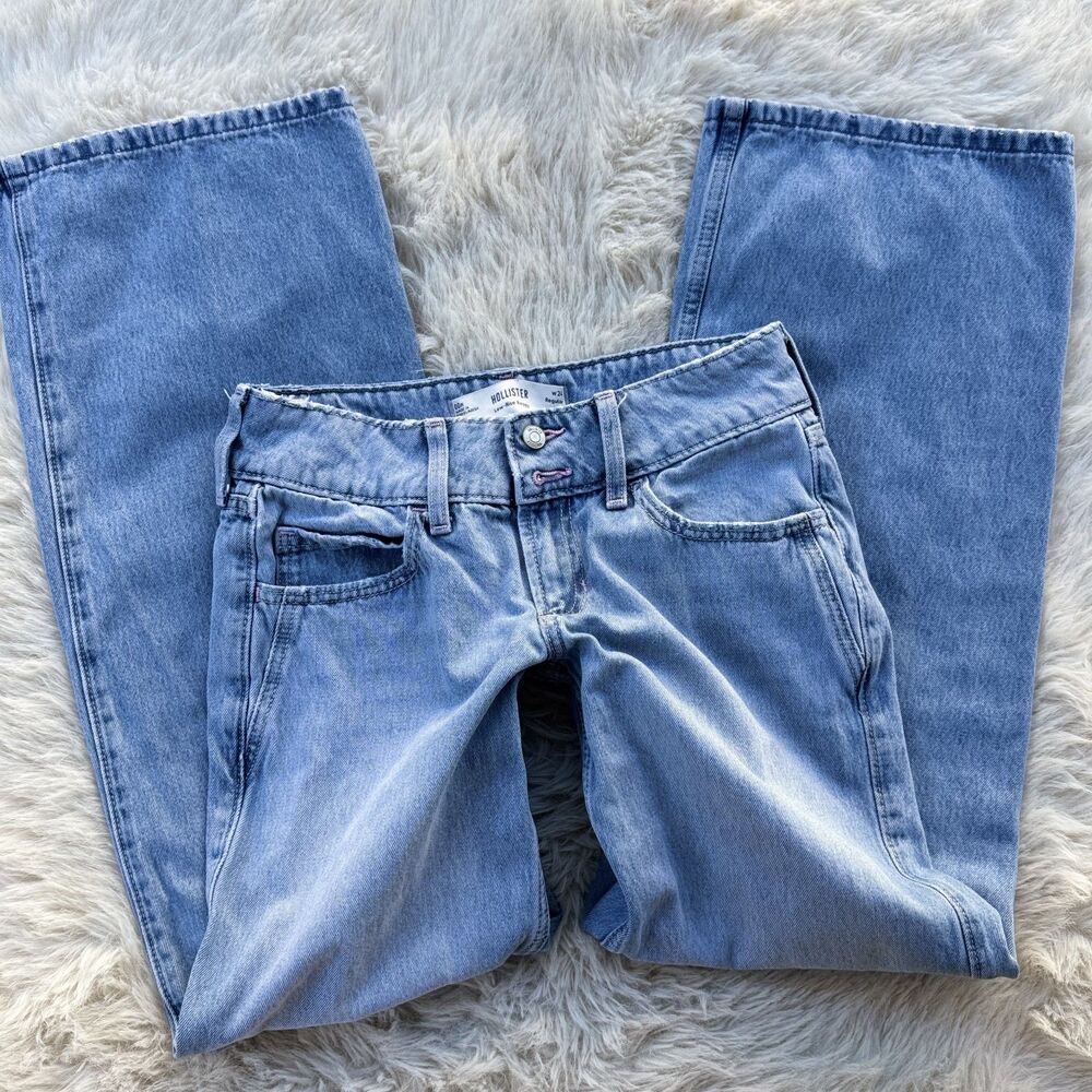 Hollister Low Rise Flare Jeans W24 Light Wash Pink Stitch Y2K